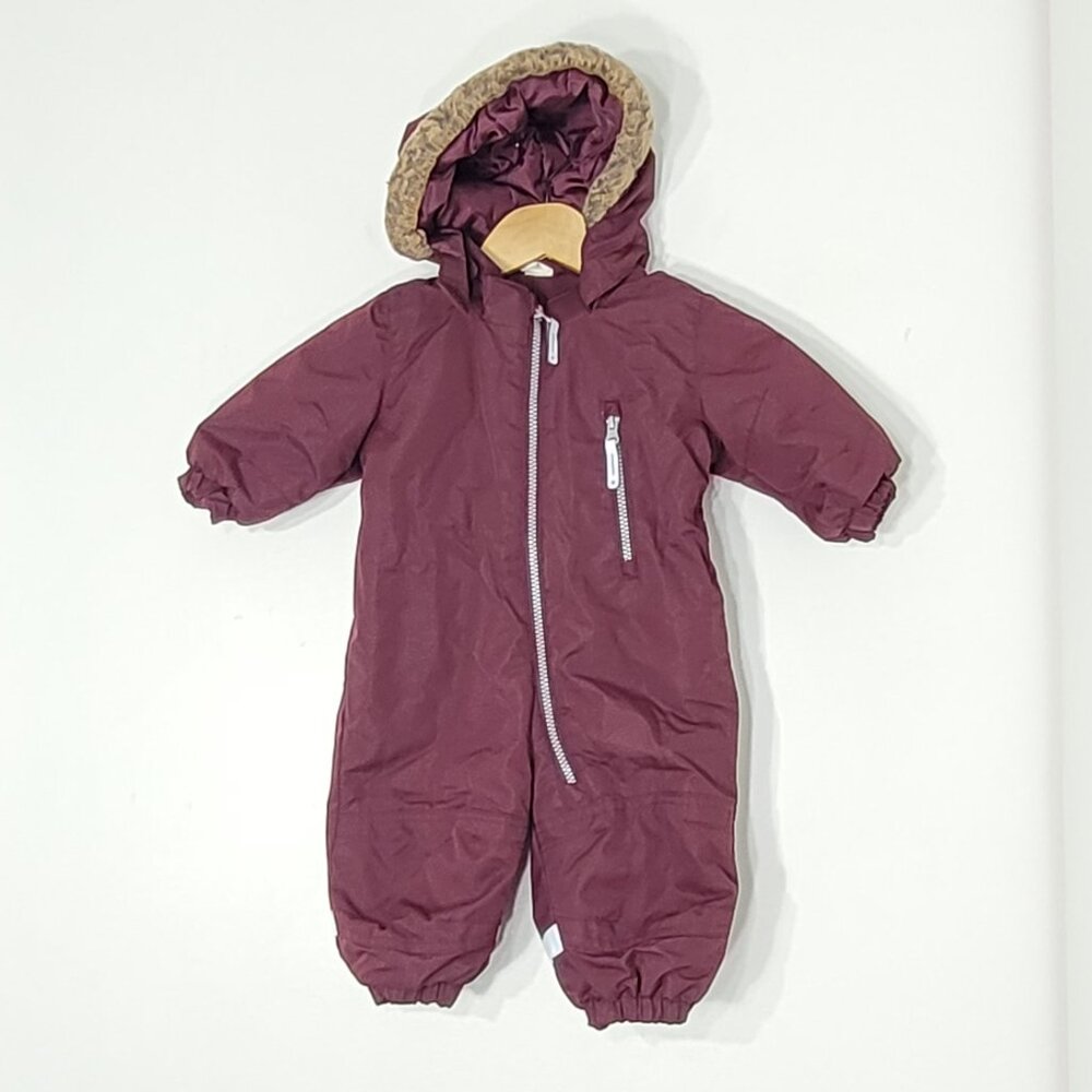 H&M Kid's Maroon Zipper Pocket Faux Fur-Trimmed Hooded Winter Snowsuit Size 4-6M